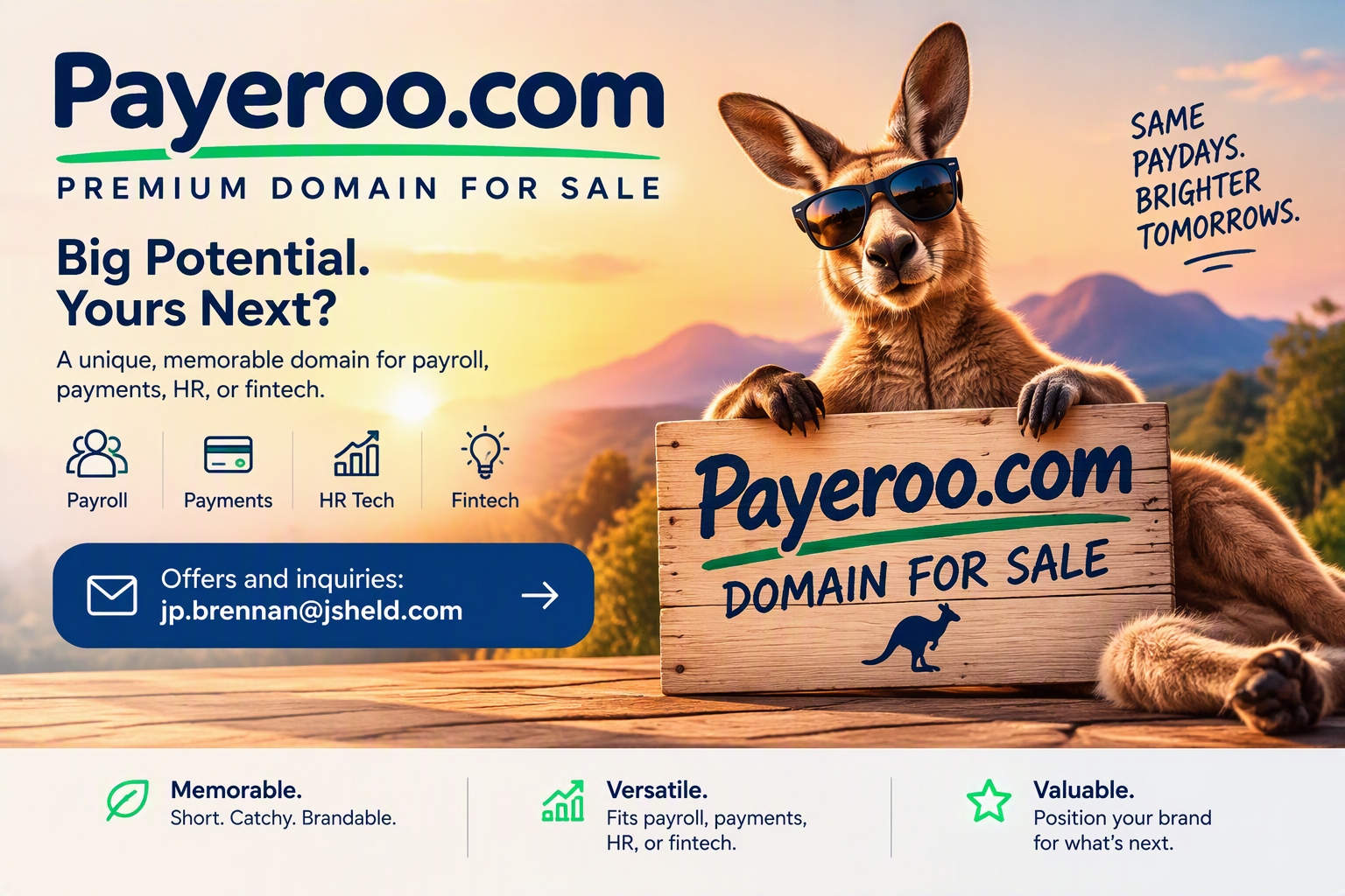 Payeroo.com premium domain for sale. A memorable domain for payroll, payments, HR technology, or fintech. Offers and inquiries: jp.brennan@jsheld.com.